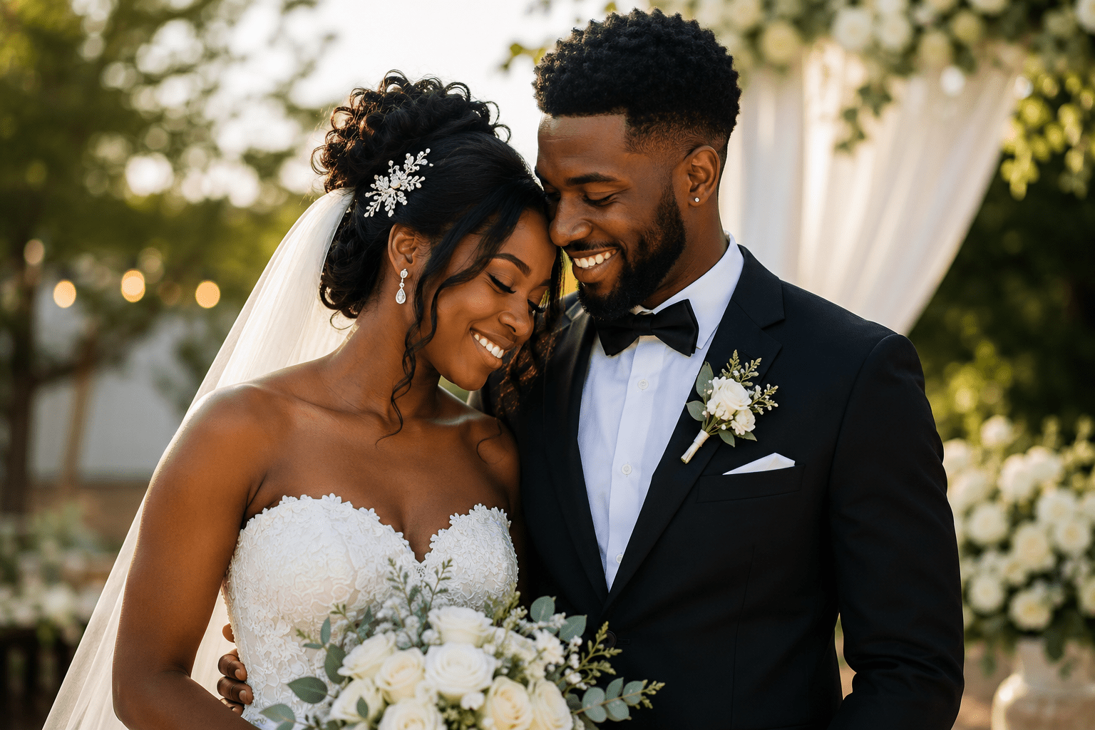 Pareja de novios afrodescendientes recién casados sonriendo en una boda elegante, representando poemas para novios