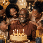 Papá afrodescendiente celebrando un cumpleaños importante junto a hijos y nietos