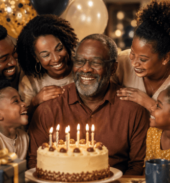 Papá afrodescendiente celebrando un cumpleaños importante junto a hijos y nietos