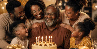 Papá afrodescendiente celebrando un cumpleaños importante junto a hijos y nietos