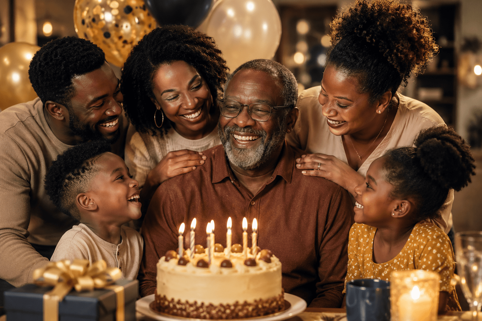 Papá afrodescendiente celebrando un cumpleaños importante junto a hijos y nietos