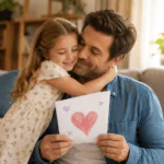 Niña abrazando a su papá mientras le entrega una tarjeta hecha a mano con un corazón