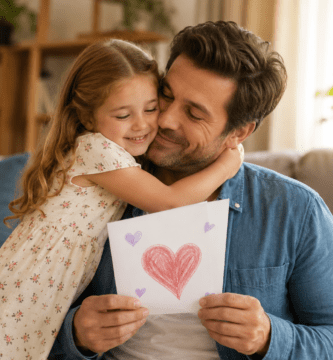 Niña abrazando a su papá mientras le entrega una tarjeta hecha a mano con un corazón