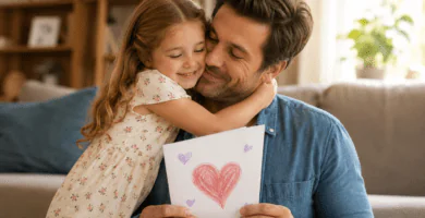 Niña abrazando a su papá mientras le entrega una tarjeta hecha a mano con un corazón