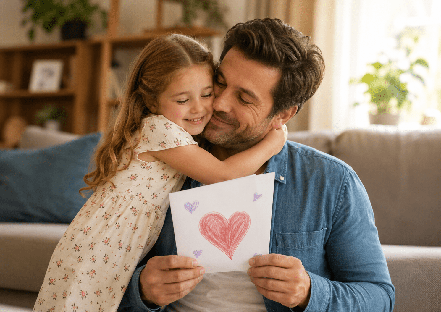 Niña abrazando a su papá mientras le entrega una tarjeta hecha a mano con un corazón