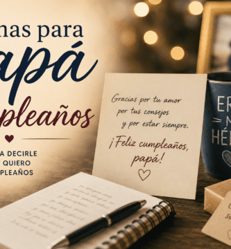 Tarjeta, libreta y regalo sobre una mesa cálida para dedicar poemas a papá en su cumpleaños
