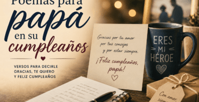 Tarjeta, libreta y regalo sobre una mesa cálida para dedicar poemas a papá en su cumpleaños