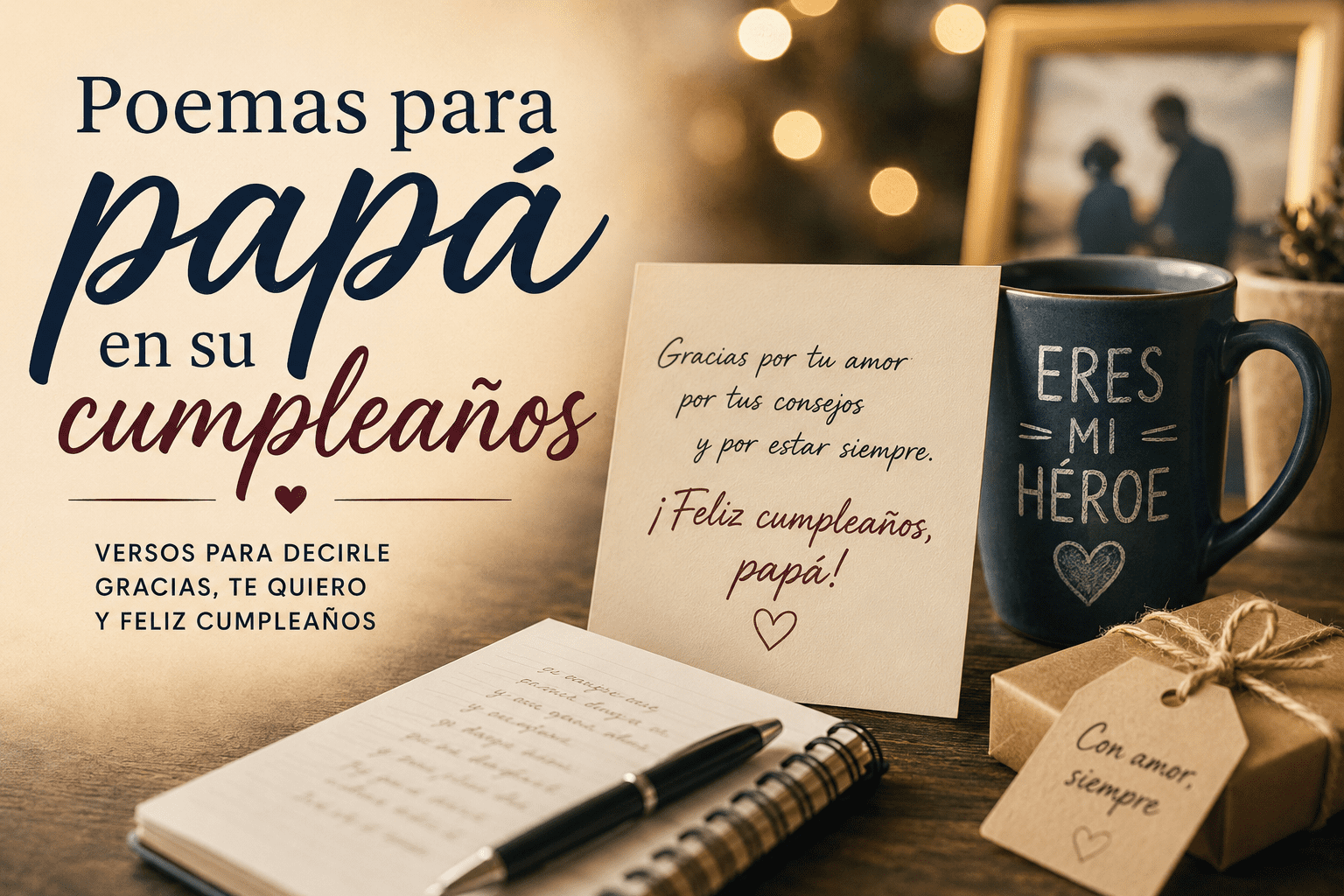 Tarjeta, libreta y regalo sobre una mesa cálida para dedicar poemas a papá en su cumpleaños