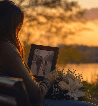Hija recordando a su papá fallecido con una foto familiar al atardecer
