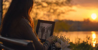 Hija recordando a su papá fallecido con una foto familiar al atardecer