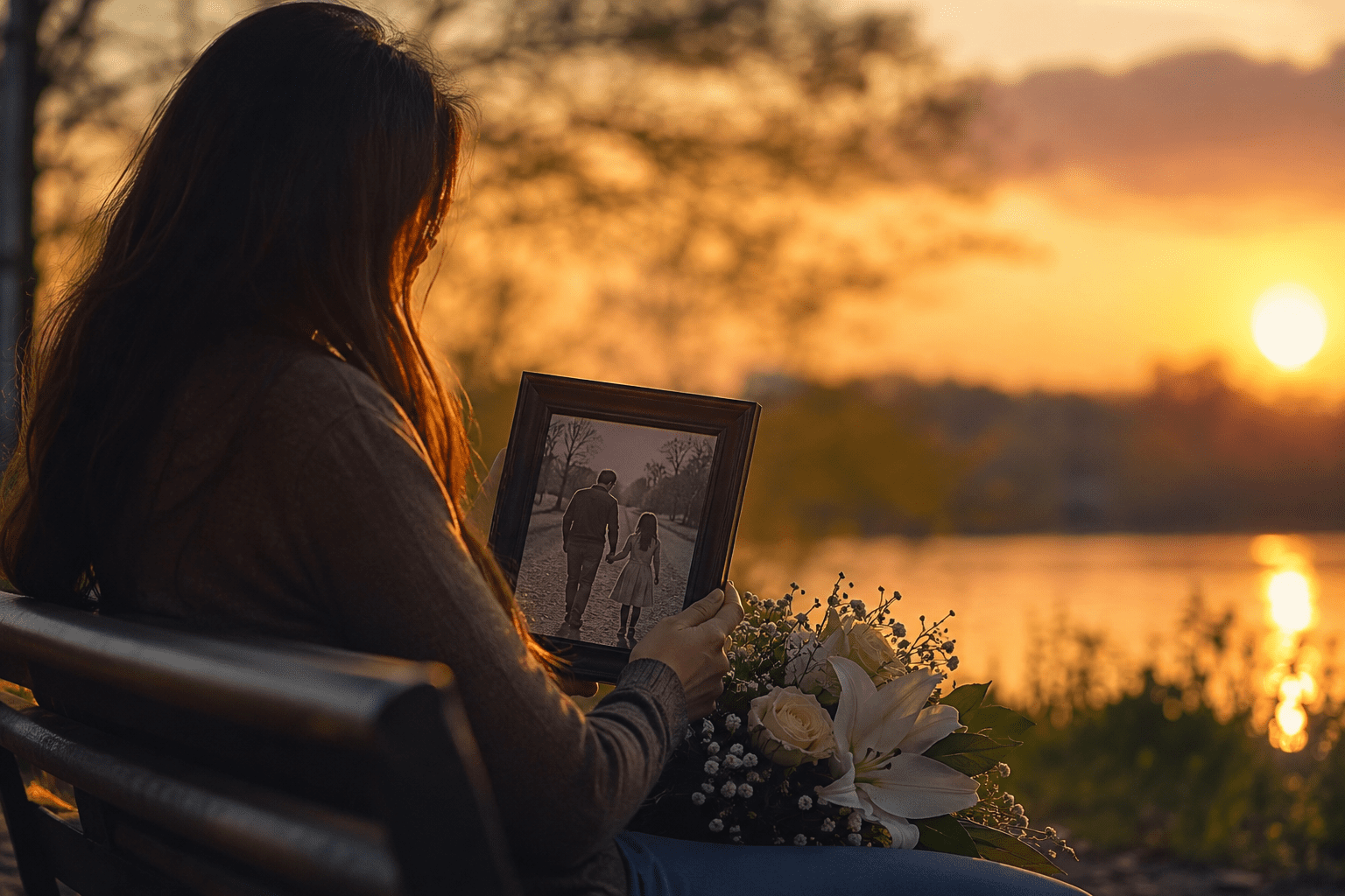 Hija recordando a su papá fallecido con una foto familiar al atardecer