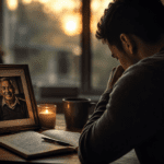 Hijo escribiendo un poema para recordar a su papá fallecido junto a una foto familiar y una vela encendida
