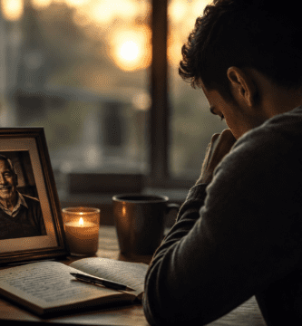 Hijo escribiendo un poema para recordar a su papá fallecido junto a una foto familiar y una vela encendida