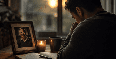 Hijo escribiendo un poema para recordar a su papá fallecido junto a una foto familiar y una vela encendida