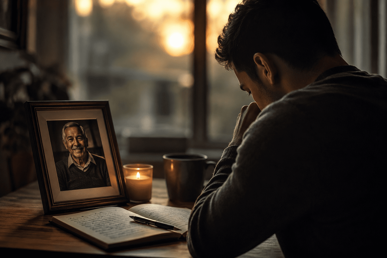 Hijo escribiendo un poema para recordar a su papá fallecido junto a una foto familiar y una vela encendida