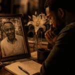 Hombre afrodescendiente recordando a su padre fallecido frente a una fotografía, una vela encendida, flores y un cuaderno