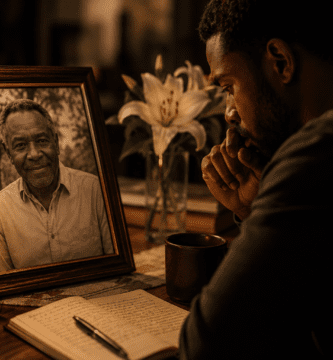 Hombre afrodescendiente recordando a su padre fallecido frente a una fotografía, una vela encendida, flores y un cuaderno