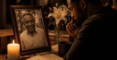 Hombre afrodescendiente recordando a su padre fallecido frente a una fotografía, una vela encendida, flores y un cuaderno