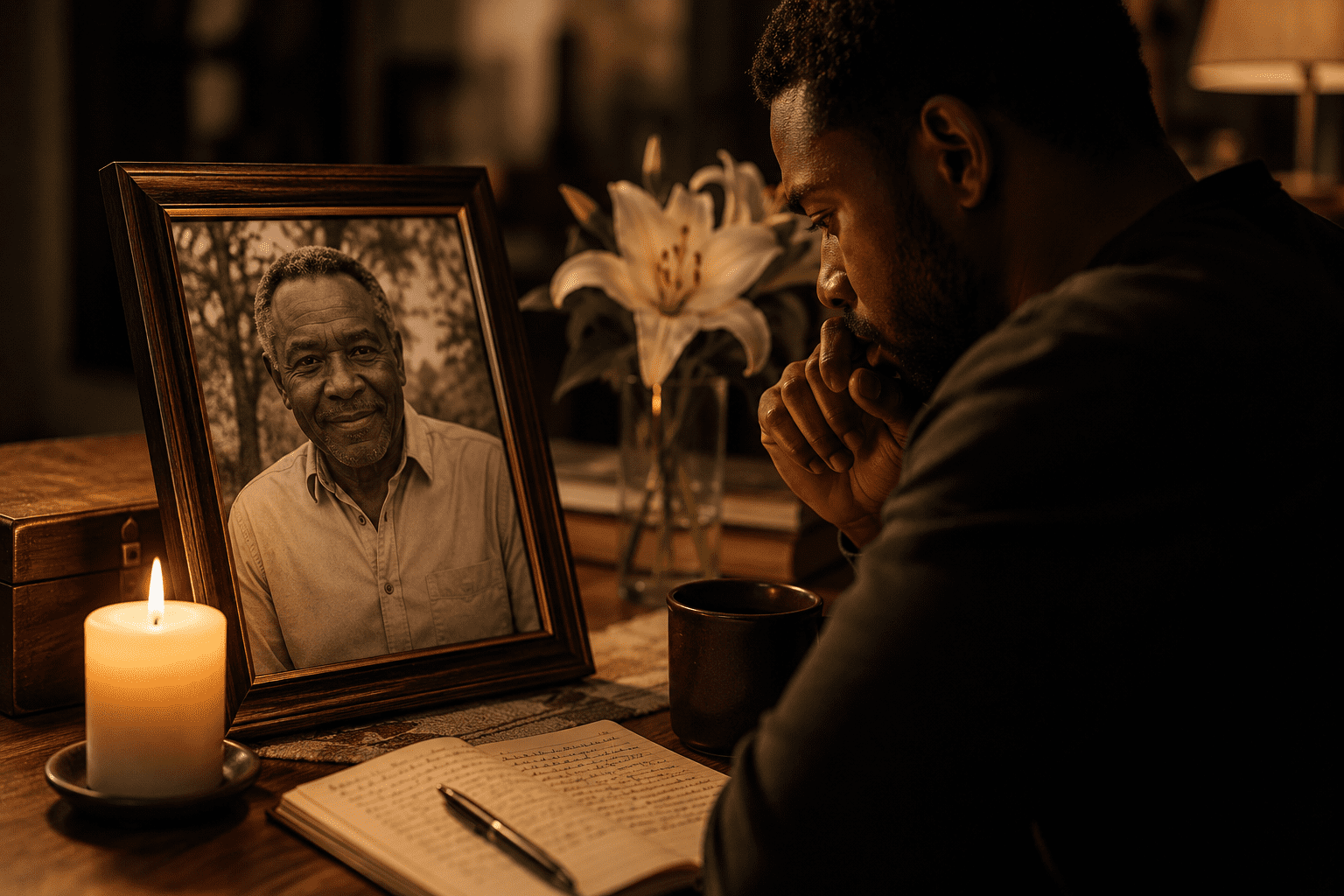 Hombre afrodescendiente recordando a su padre fallecido frente a una fotografía, una vela encendida, flores y un cuaderno