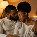 Pareja negra abrazada en un ambiente cálido e íntimo, representando el amor maduro y la unión en el matrimonio.