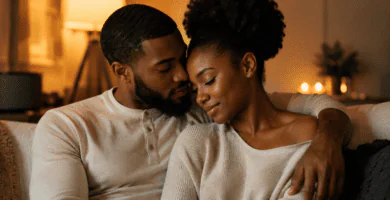 Pareja negra abrazada en un ambiente cálido e íntimo, representando el amor maduro y la unión en el matrimonio.