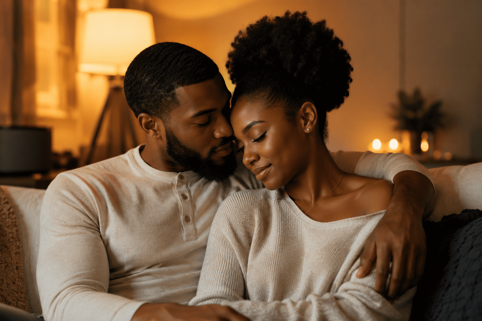 Pareja negra abrazada en un ambiente cálido e íntimo, representando el amor maduro y la unión en el matrimonio.