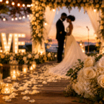 Pareja de novios en ceremonia de boda al atardecer con arco floral, luces cálidas, velas y ramo de flores blancas.