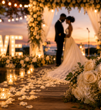 Pareja de novios en ceremonia de boda al atardecer con arco floral, luces cálidas, velas y ramo de flores blancas.