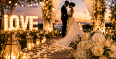 Pareja de novios en ceremonia de boda al atardecer con arco floral, luces cálidas, velas y ramo de flores blancas.