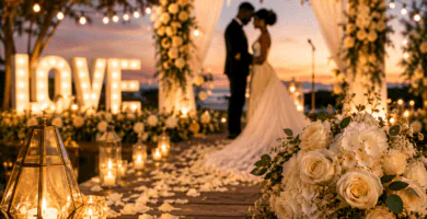 Pareja de novios en ceremonia de boda al atardecer con arco floral, luces cálidas, velas y ramo de flores blancas.