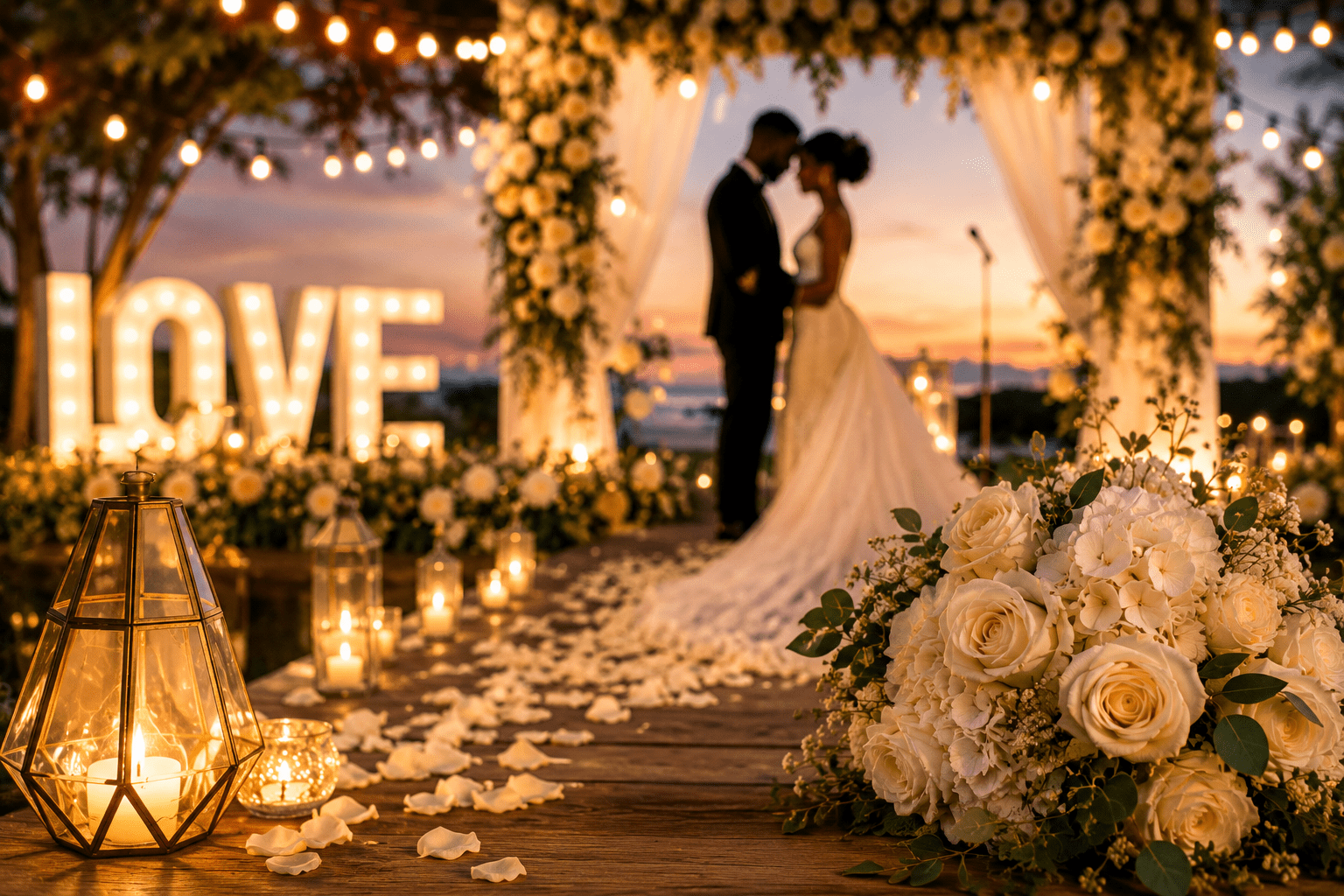 Pareja de novios en ceremonia de boda al atardecer con arco floral, luces cálidas, velas y ramo de flores blancas.