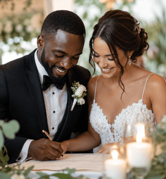 Pareja interracial firmando documentos de boda durante una ceremonia elegante, rodeada de flores blancas, velas y familiares.