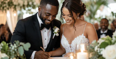 Pareja interracial firmando documentos de boda durante una ceremonia elegante, rodeada de flores blancas, velas y familiares.