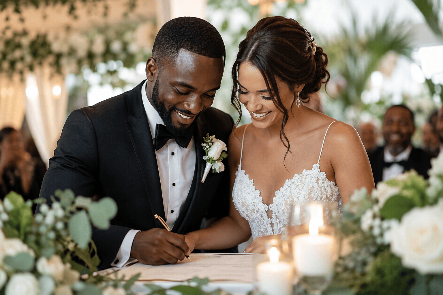 Pareja interracial firmando documentos de boda durante una ceremonia elegante, rodeada de flores blancas, velas y familiares.