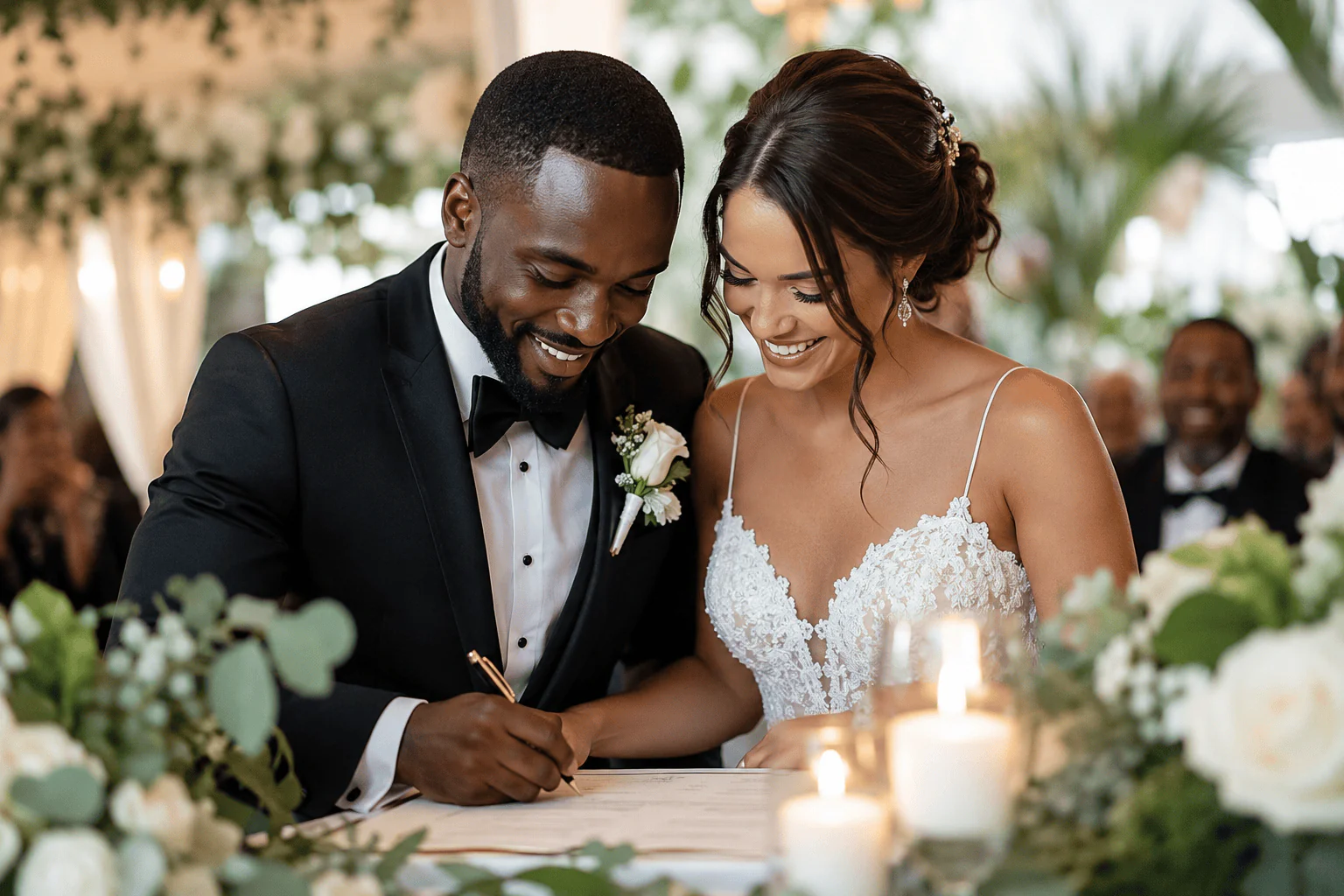 Pareja interracial firmando documentos de boda durante una ceremonia elegante, rodeada de flores blancas, velas y familiares.
