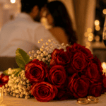 Ramo de rosas rojas con anillos de boda, velas y copas de vino en una cena romántica de aniversario.