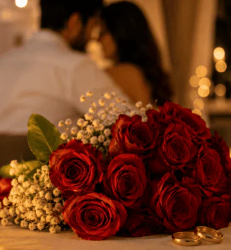 Ramo de rosas rojas con anillos de boda, velas y copas de vino en una cena romántica de aniversario.