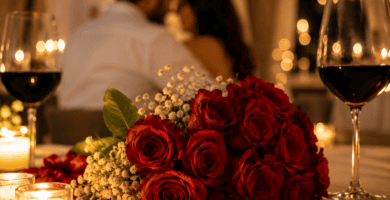 Ramo de rosas rojas con anillos de boda, velas y copas de vino en una cena romántica de aniversario.