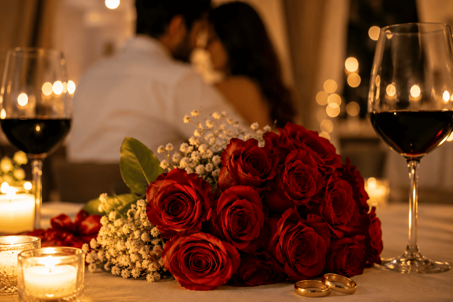 Ramo de rosas rojas con anillos de boda, velas y copas de vino en una cena romántica de aniversario.