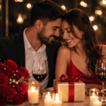 Pareja celebrando su aniversario de bodas en una cena romántica con velas, rosas rojas, regalo y luces cálidas.