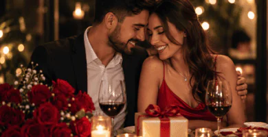 Pareja celebrando su aniversario de bodas en una cena romántica con velas, rosas rojas, regalo y luces cálidas.