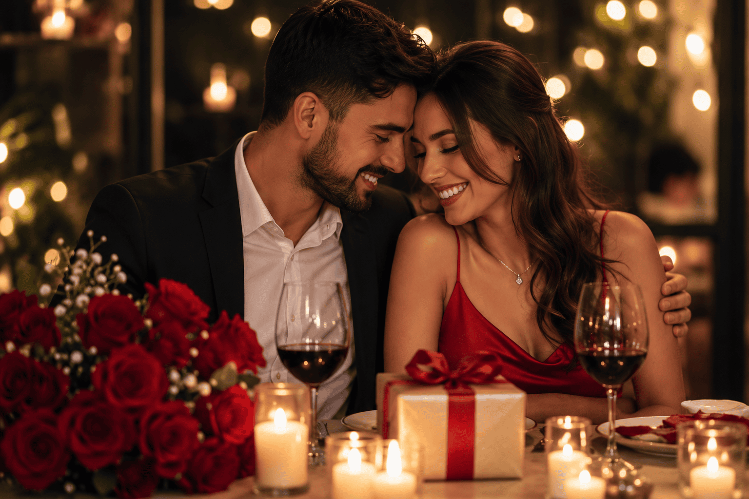 Pareja celebrando su aniversario de bodas en una cena romántica con velas, rosas rojas, regalo y luces cálidas.