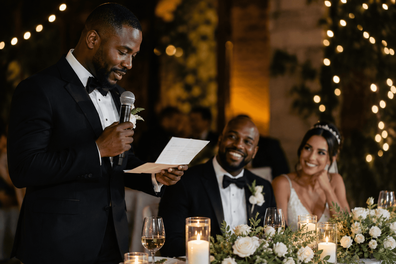 Padrino de boda leyendo un discurso emotivo para los novios durante una recepción elegante con luces cálidas y flores blancas.