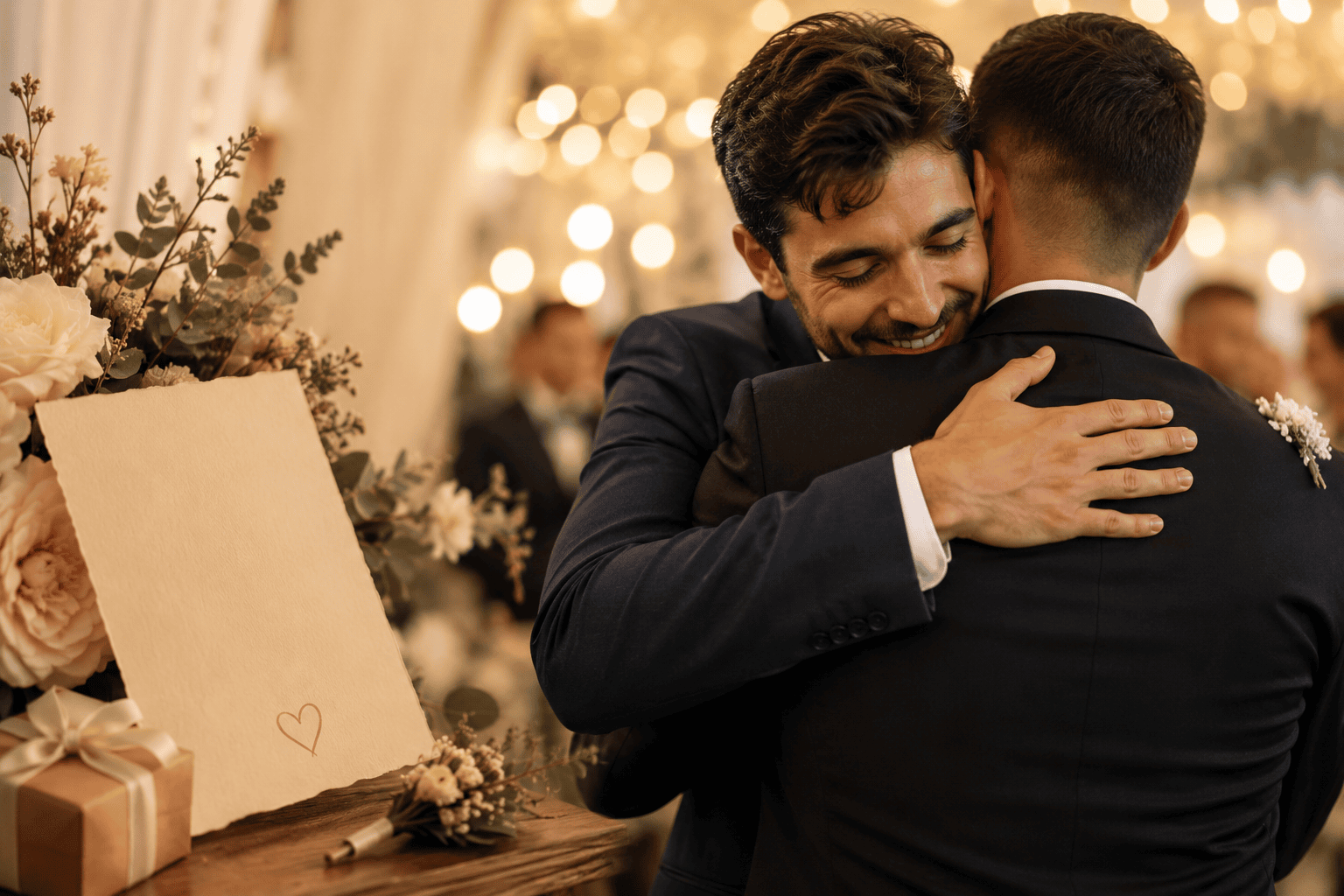 Hermano abrazando al novio en una boda emotiva, junto a una tarjeta y flores en una recepción con luces cálidas.