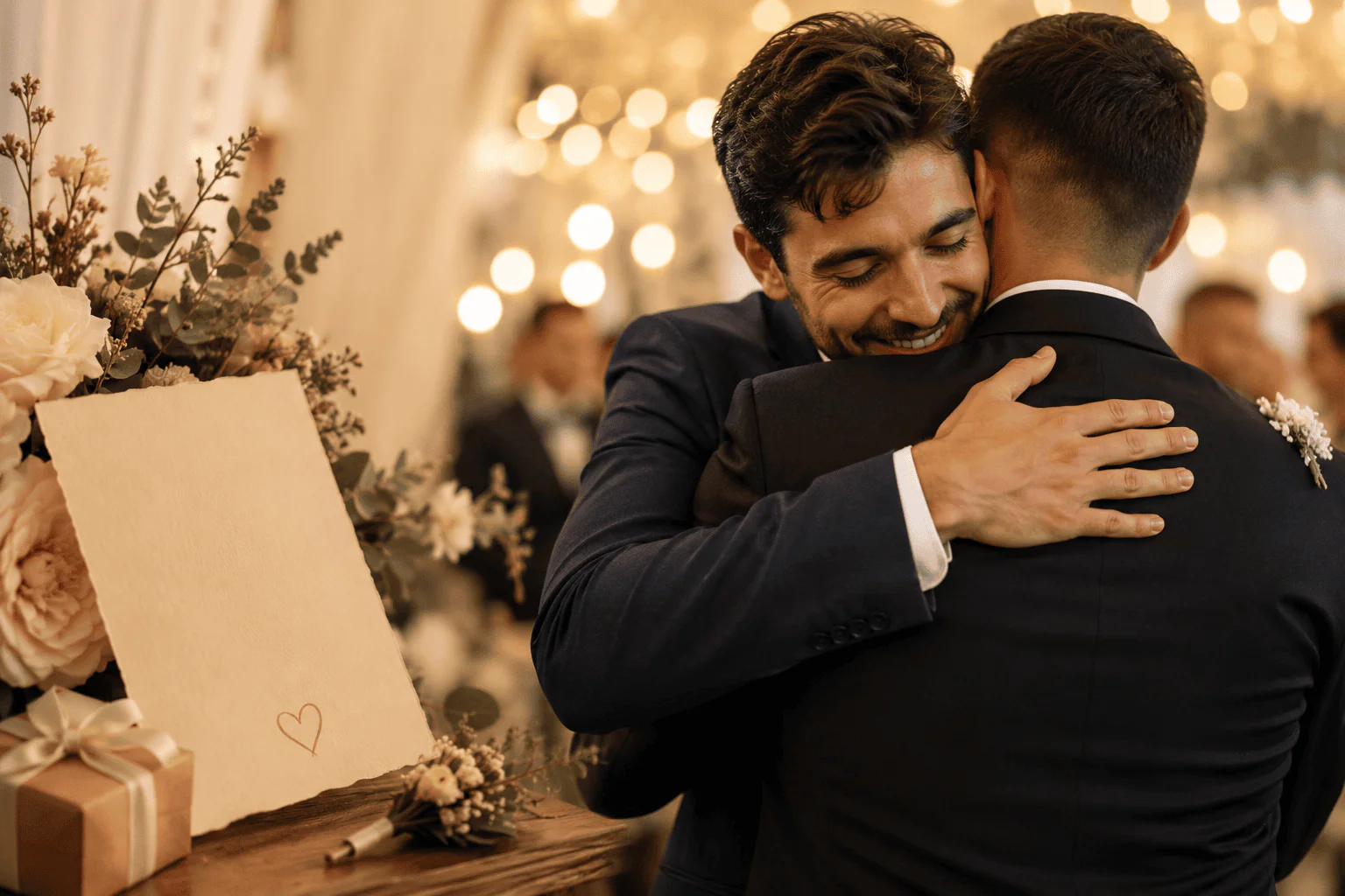 Hermano abrazando al novio en una boda emotiva, junto a una tarjeta y flores en una recepción con luces cálidas.