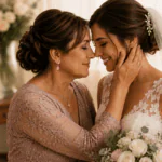 Madre acariciando el rostro de su hija vestida de novia antes de la boda, en un momento emotivo y familiar.