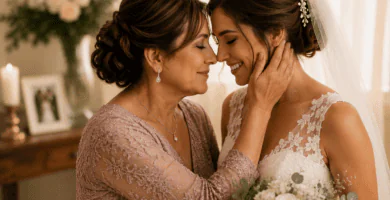 Madre acariciando el rostro de su hija vestida de novia antes de la boda, en un momento emotivo y familiar.