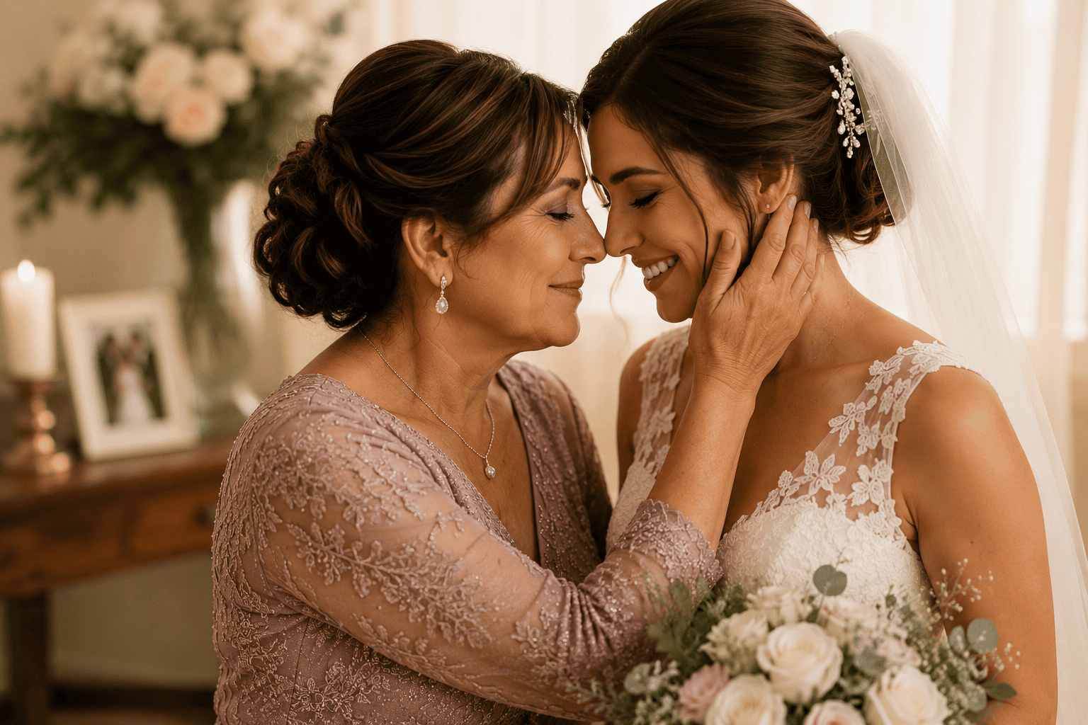Madre acariciando el rostro de su hija vestida de novia antes de la boda, en un momento emotivo y familiar.