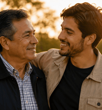 Padre y su hijo adulto compartiendo un abrazo y una sonrisa al atardecer