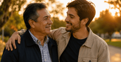Padre y su hijo adulto compartiendo un abrazo y una sonrisa al atardecer